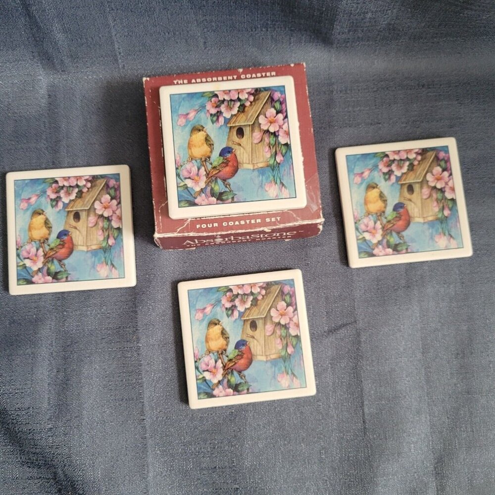New Stone Art Absorbent Stone Coasters Square 4 Pack  Birds Birdhouse Spring